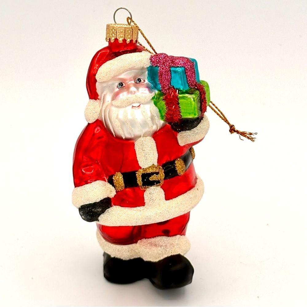 Festive Santa Claus with Gifts Glass Christmas Ornament 5”